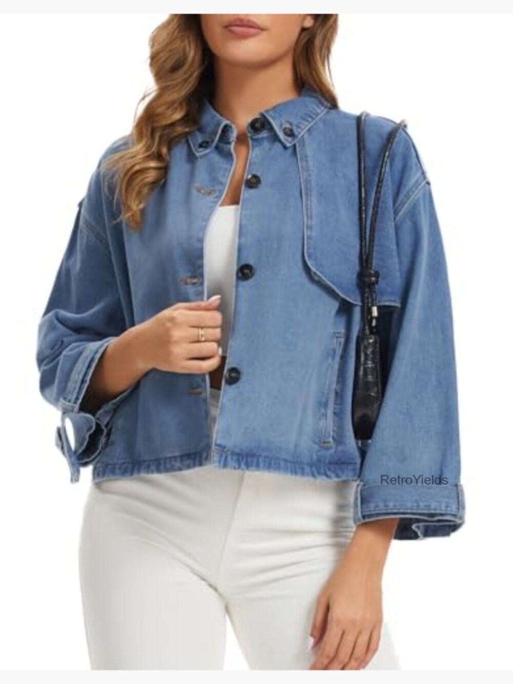 Vintage Denim Jacket - Button Down Long Sleeve Trench Coat with Pockets - Picture 4 of 7